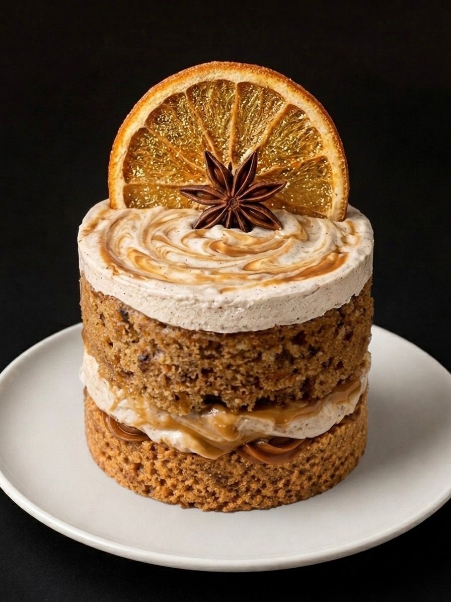 Golden Sun Cake layered with dulce de leche cream, topped with a candied orange slice and star anise